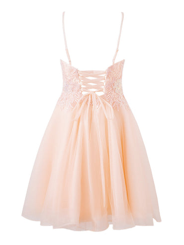 Grace | Robe de soirée trapèze courte à bretelles spaghetti en tulle pailleté