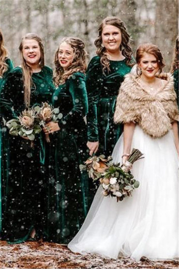 Robe de demoiselle d'honneur sirène en velours vert à manches longues Roycebridal
