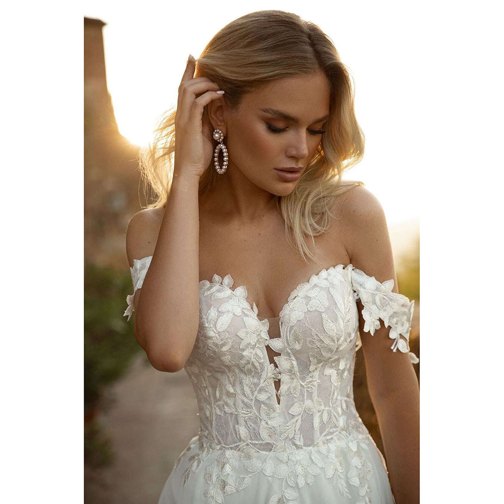 Sexy Slit Sweetheart Neck Off the Shoulder Lace Top Chiffon A Line Wedding Dress
