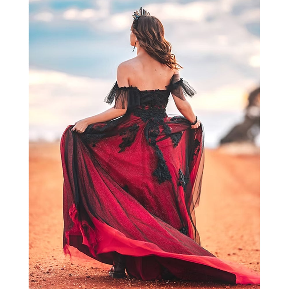 Sexy Sweetheart Neck Off the Shoulder Open Back Lace Tulle Red A Line Gothic Black Wedding Dress