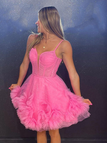 Yara | Robe de soirée courte en tulle à col en V et coupe trapèze