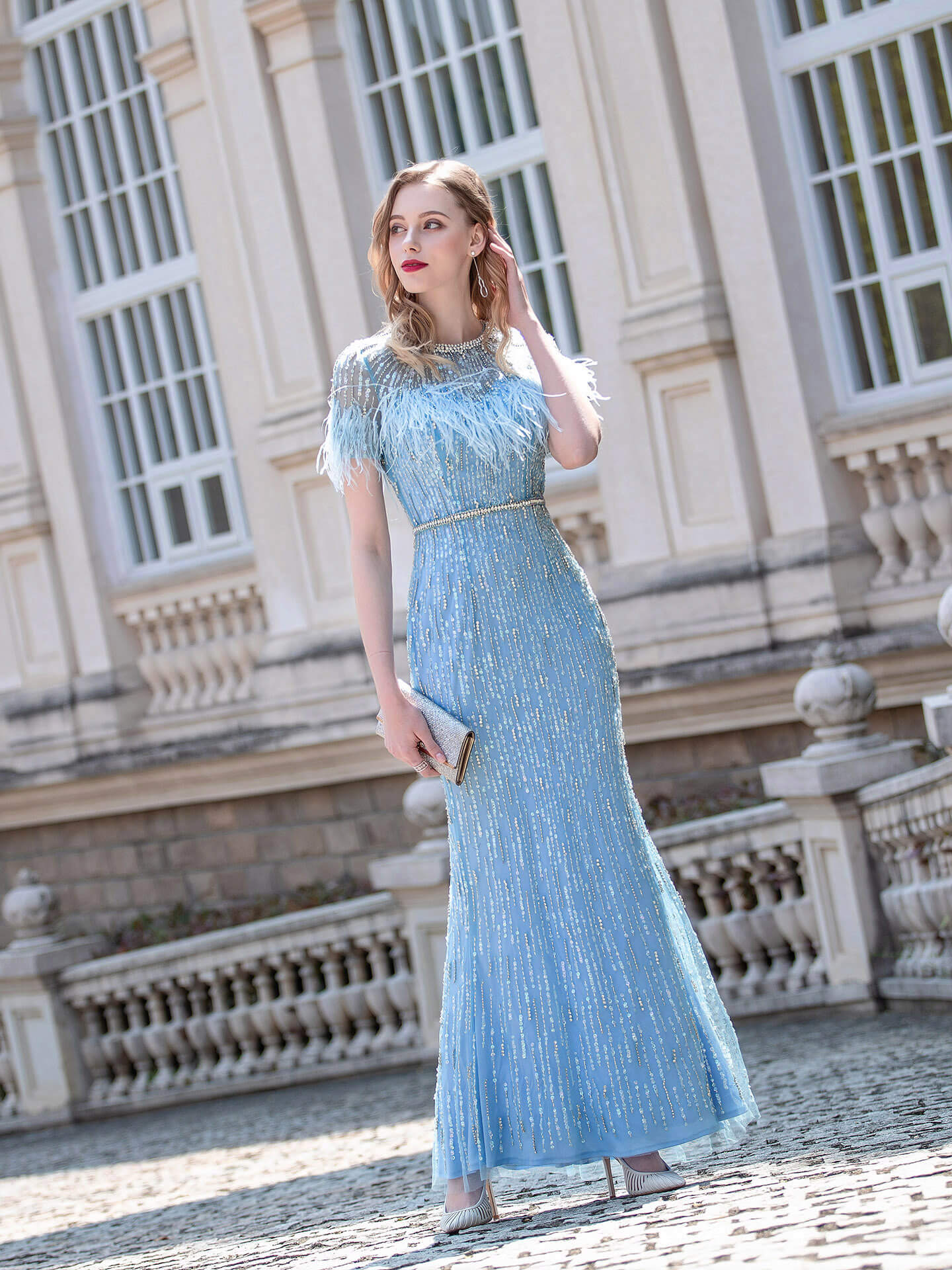 Roycebridal Mermaid Beaded Luxurious Fashion Formal Evening Dresses Short Sleeves Floor Length