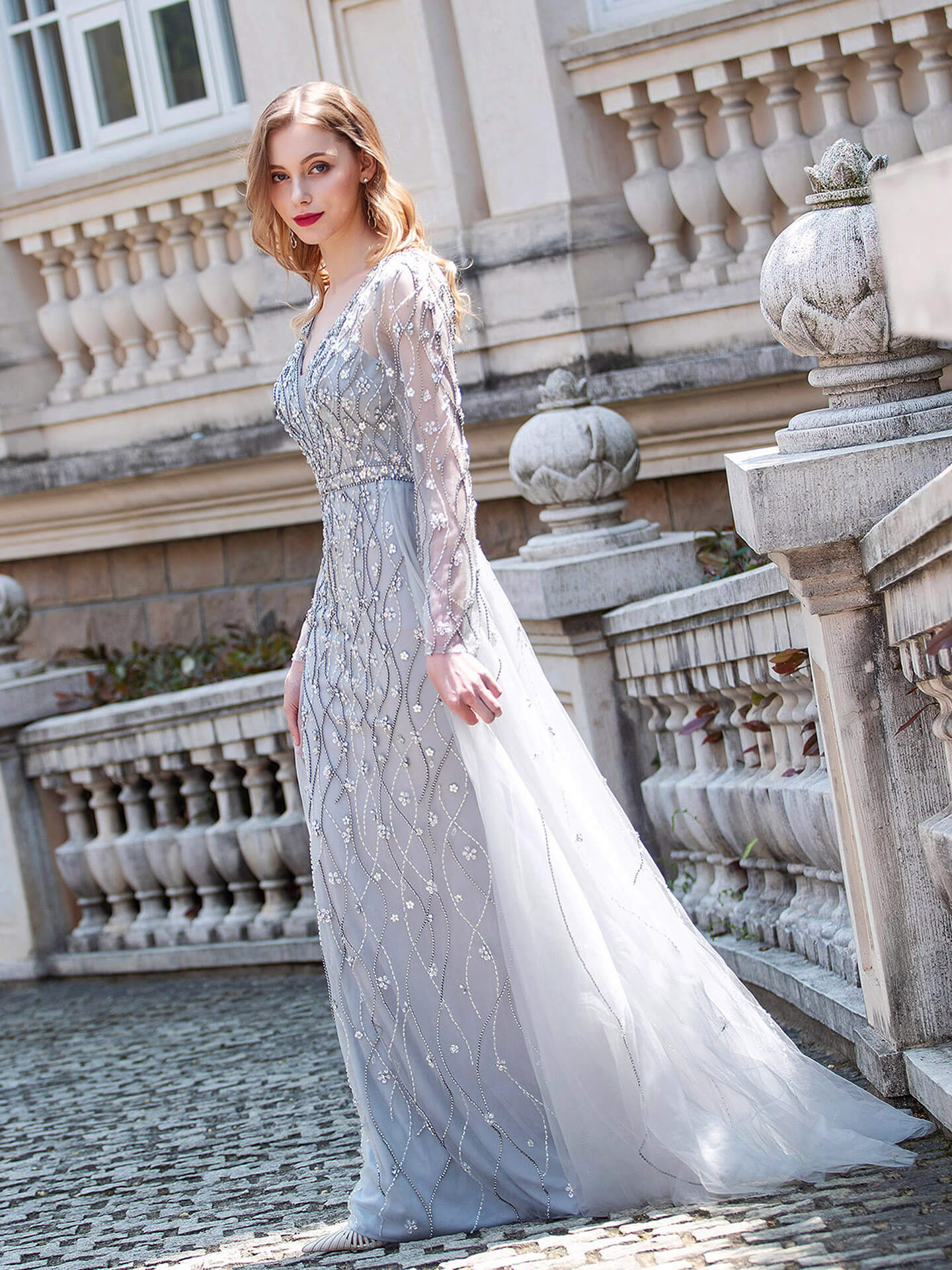 Roycebridal Mermaid Beaded V-neck Luxurious Fashion Formal Evening Dresses Long Sleeve Floor Length