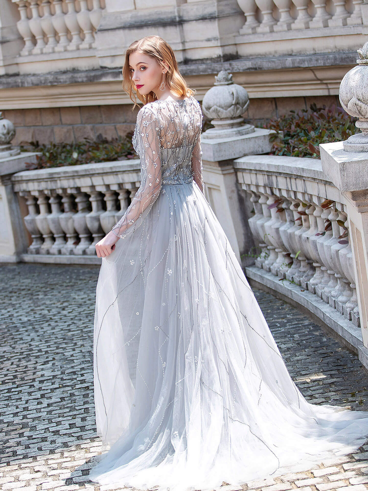 Roycebridal Mermaid Beaded V-neck Luxurious Fashion Formal Evening Dresses Long Sleeve Floor Length