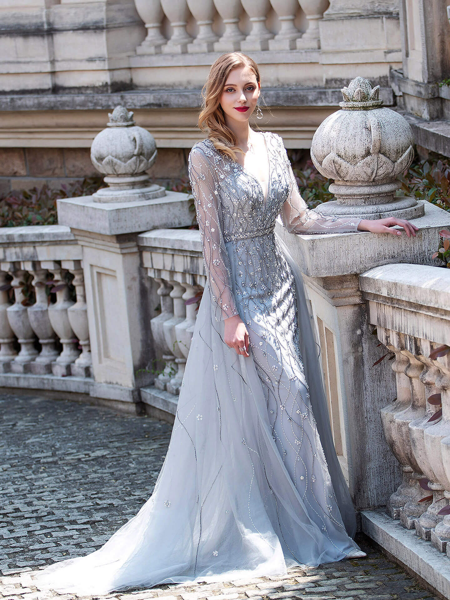 Roycebridal Mermaid Beaded V-neck Luxurious Fashion Formal Evening Dresses Long Sleeve Floor Length