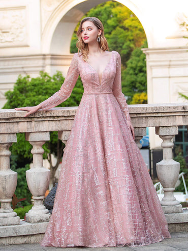 Roycebridal A-Linie Luxuriöse Mode V-Ausschnitt Formelle Abendkleider Langarm Bodenlange Ballkleider