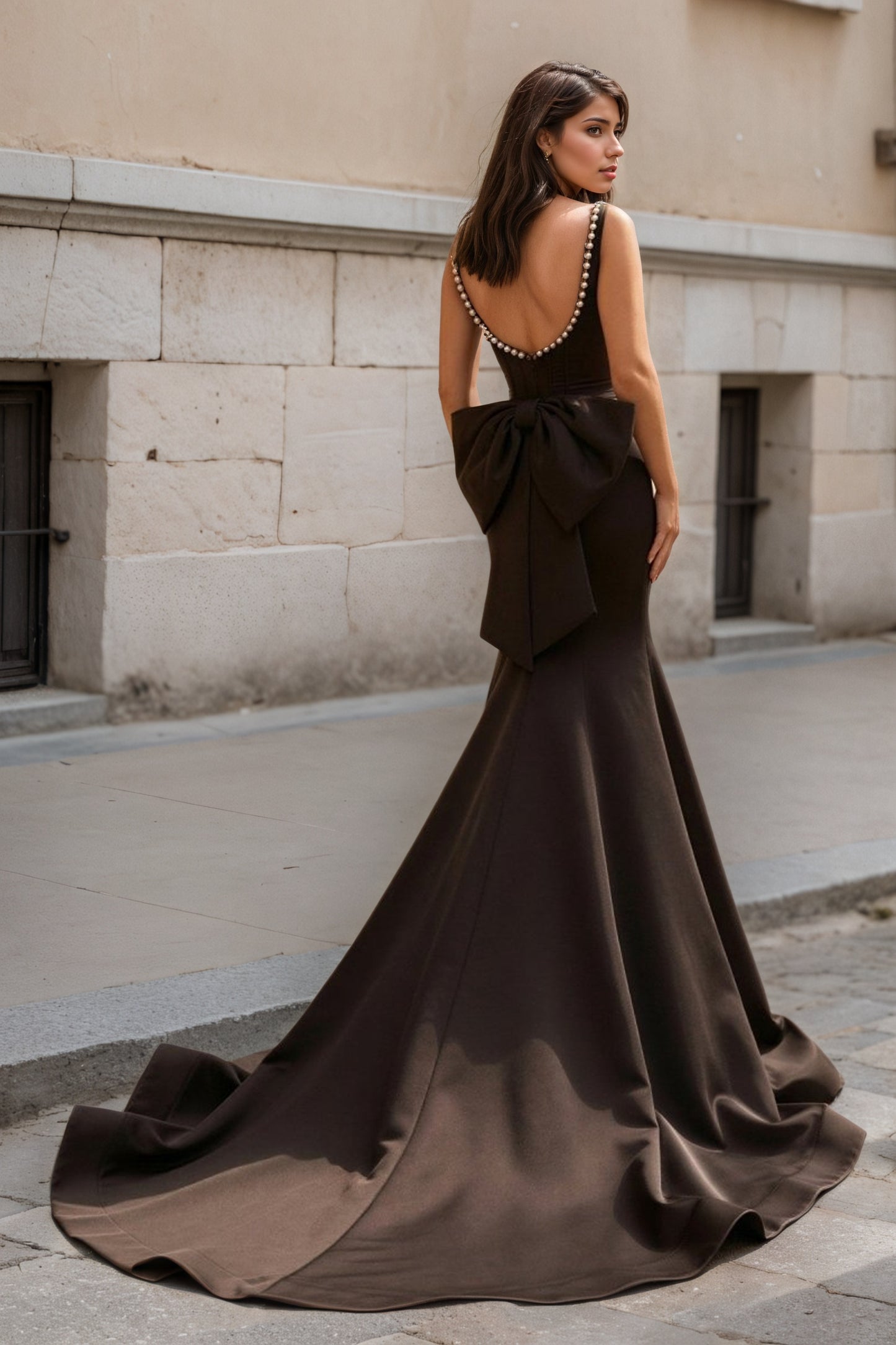 Black Square Neck Mermaid Satin Long Prom Dresses With Pearls