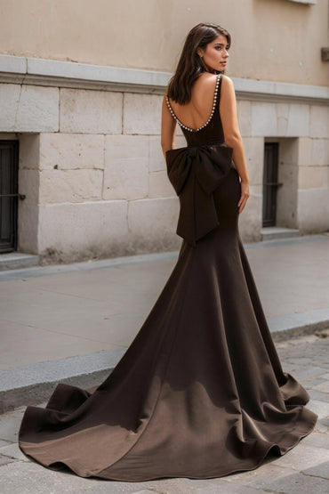 Black Square Neck Mermaid Satin Long Prom Dresses With Pearls