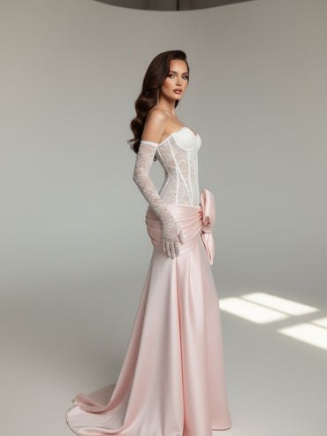 Strapless Lace Corset Prom Dress with Satin Skirt and Statement Bow