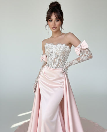 Blush Pink Satin Prom Dress with Lace Gloves and Bow Detail