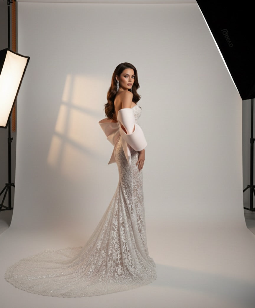 Strapless Lace Corset Prom Dress with Satin Skirt and Statement Bow