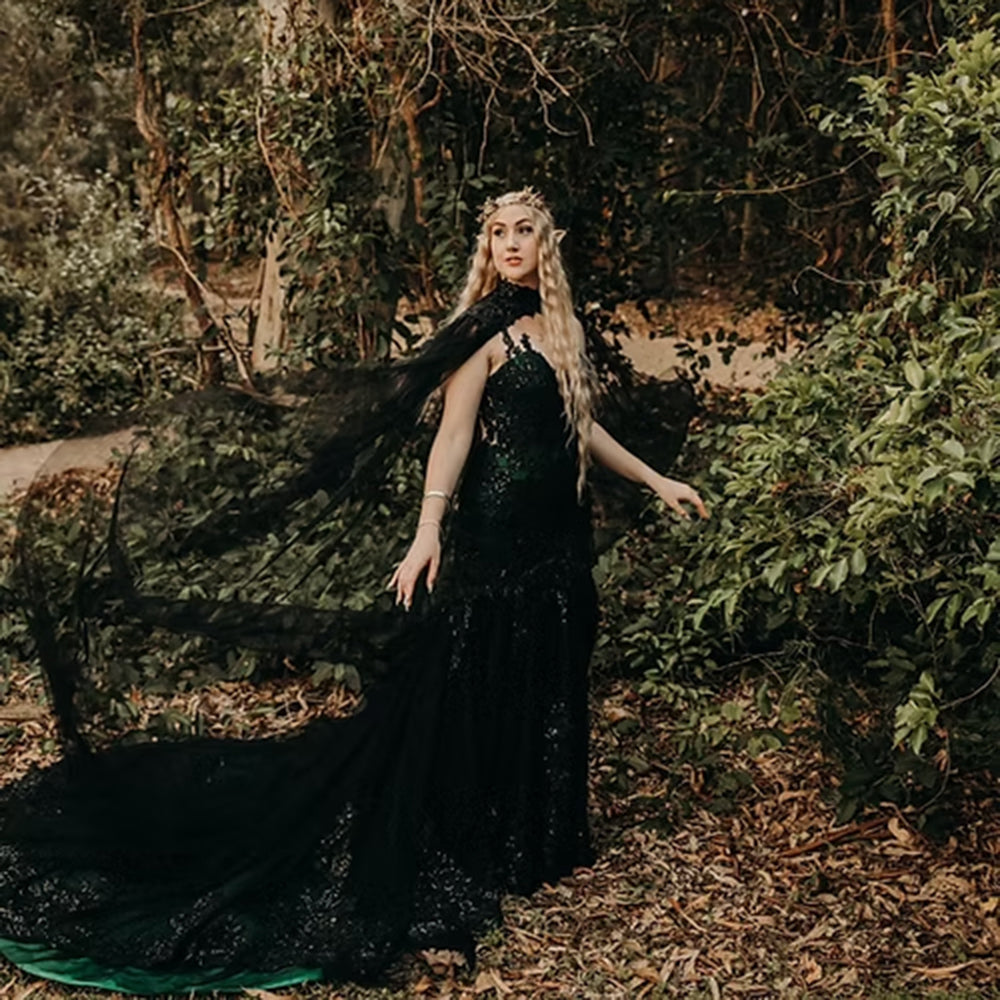 Sexy Deep V Neck Shawl Sleeveless See-through Open Back Lace Appliques Tulle Mermaid Gothic Black Wedding Dress