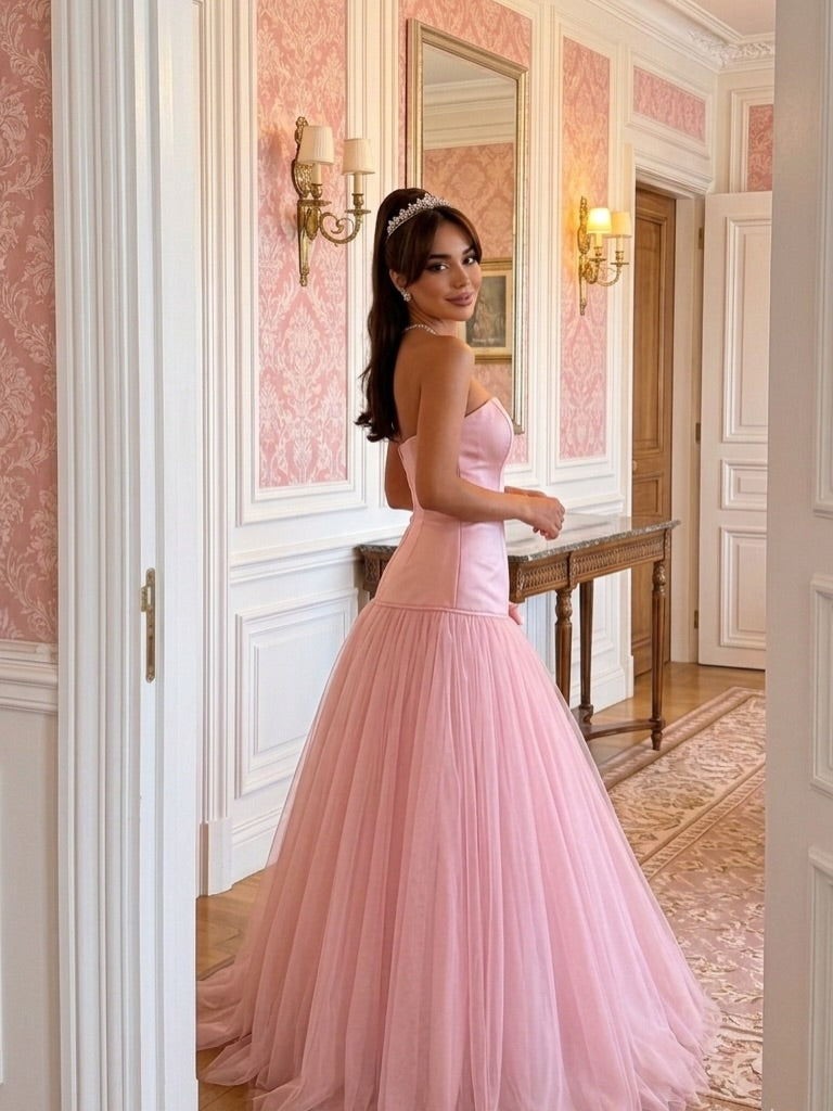 Blush Pink Strapless Satin Prom Dress with Soft Tulle Skirt