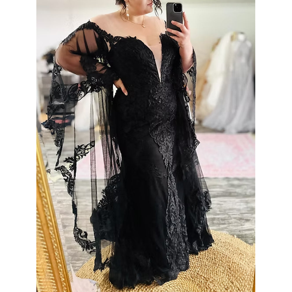 Sexy Deep V Neck Watteau Train Lace Appliques Tulle Mermaid Gothic Black Wedding Dress