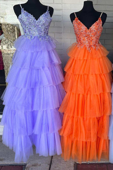 Roycebridal – Mehrstufiges A-Linien-Ballkleid mit Blumenspitze und V-Ausschnitt