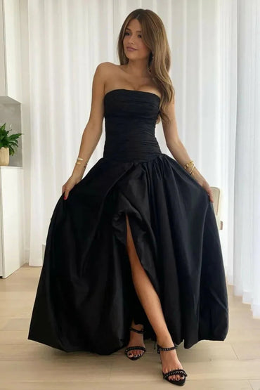 Black Slit Strapless Satin Pleated A Line Prom Dress