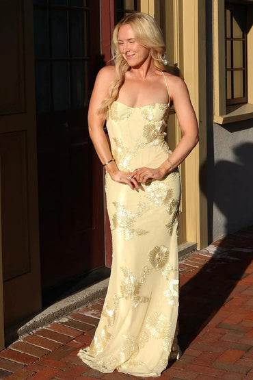 Yellow Spaghetti Straps Sheath With Floral Embroidery Long Mermaid Prom Dress