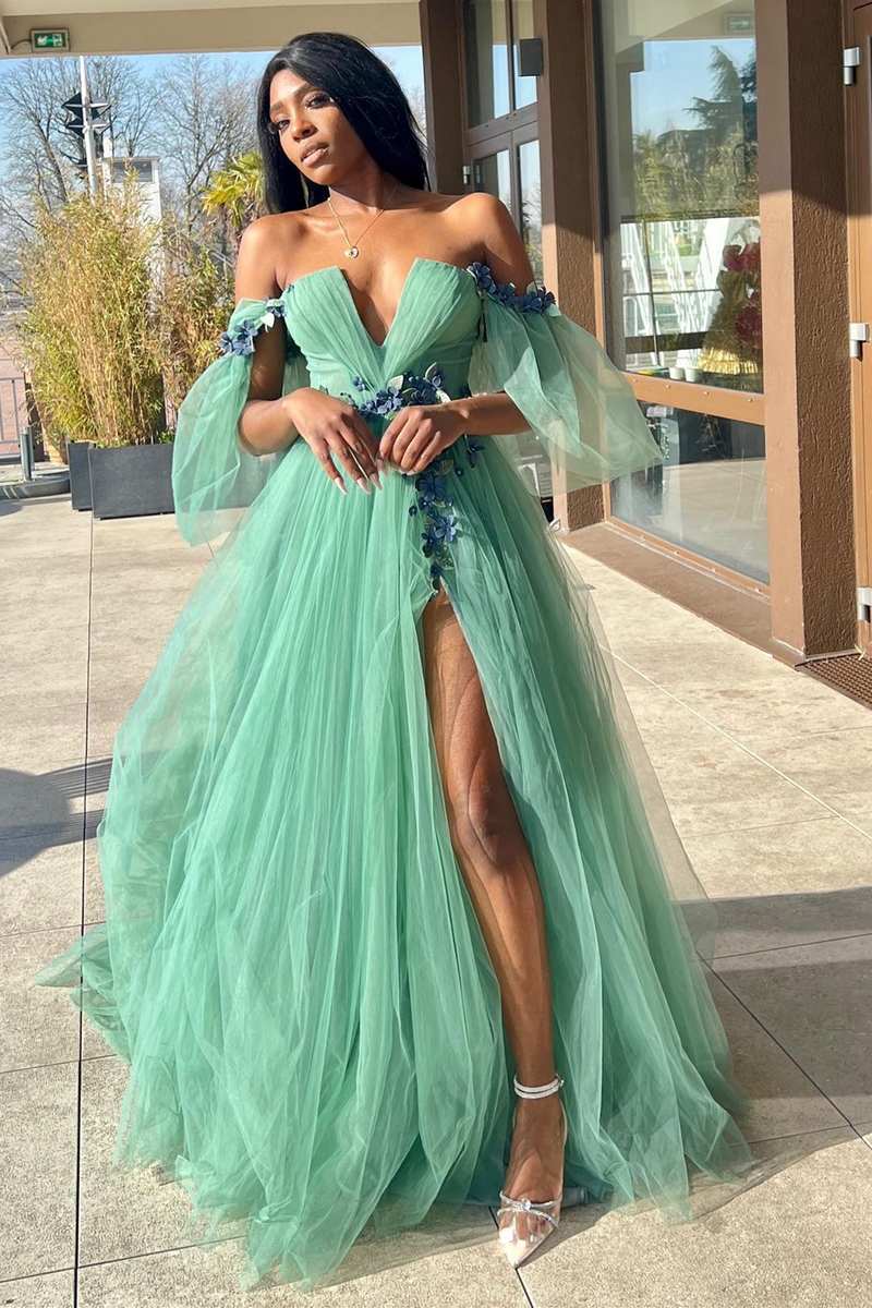 Roycebridal Whitley | Green Tulle 3D Floral Lace Off-the-Shoulder A-Line Long Prom Dress