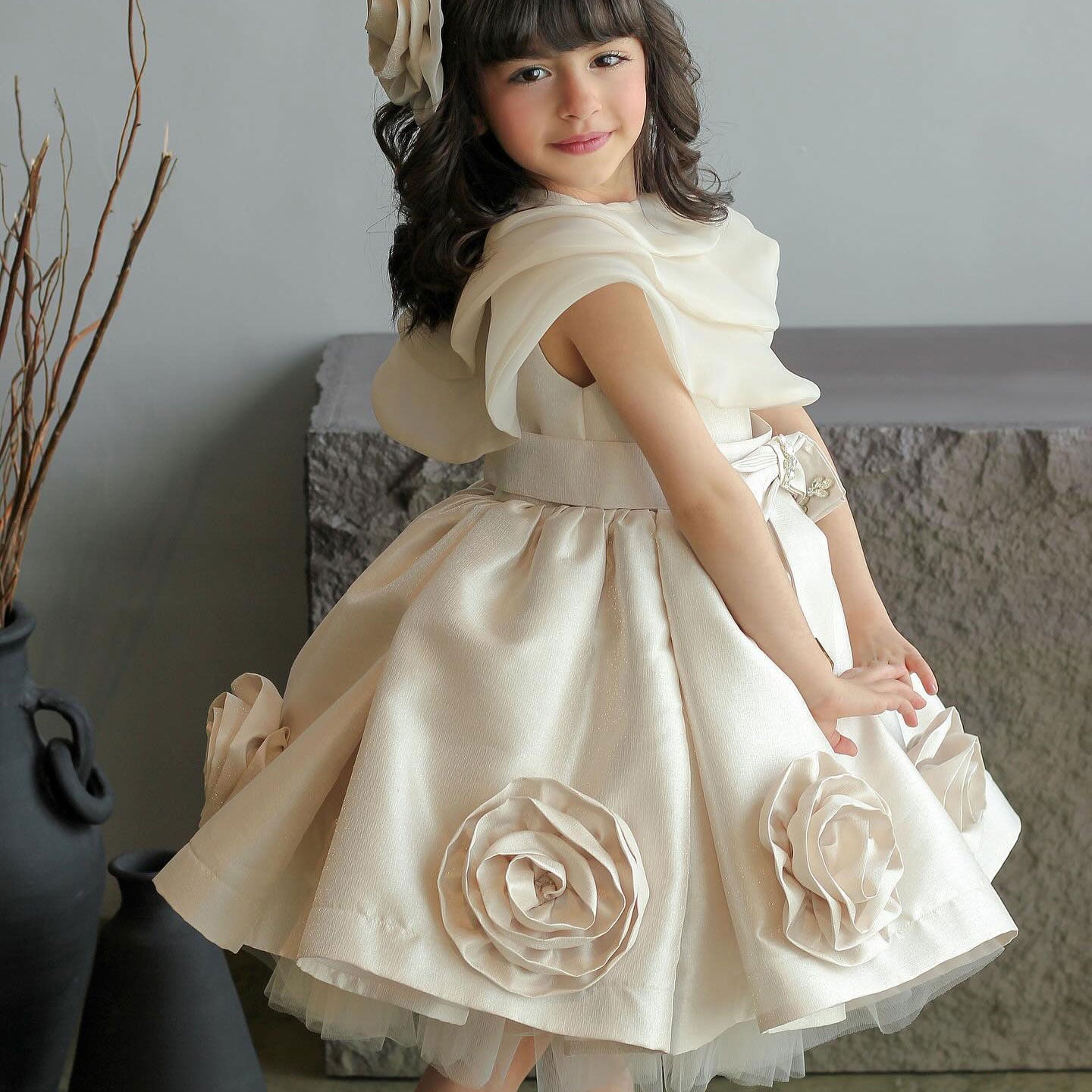 Roycebridal Elegant Beige Girl Dresses Handmade Flowers with Headgear for Kids Wedding Birthday Holiday Party Gown 2025 J104
