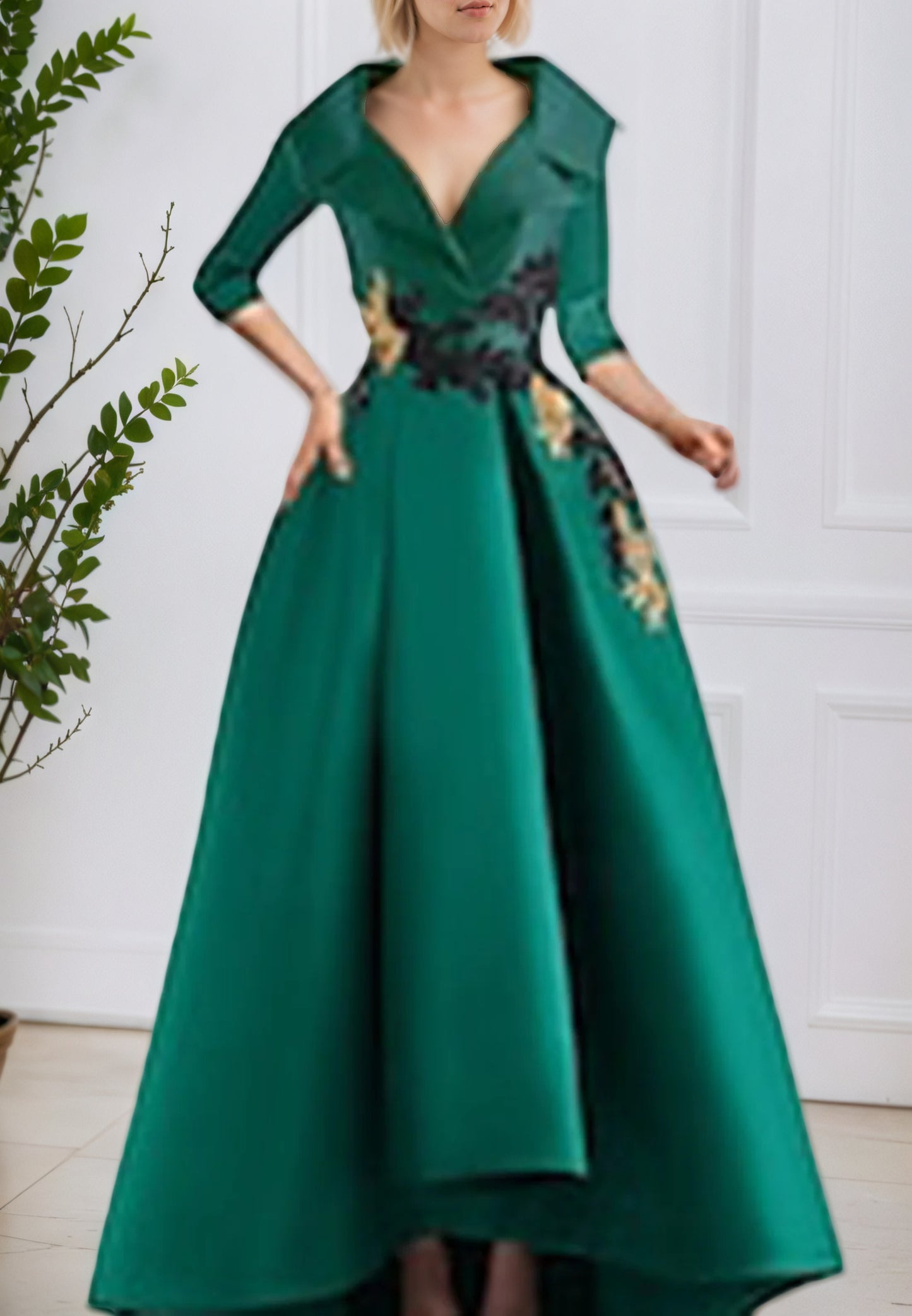 V Neck Pocket Satin with Beading Appliques A Line Formal Evening Dress