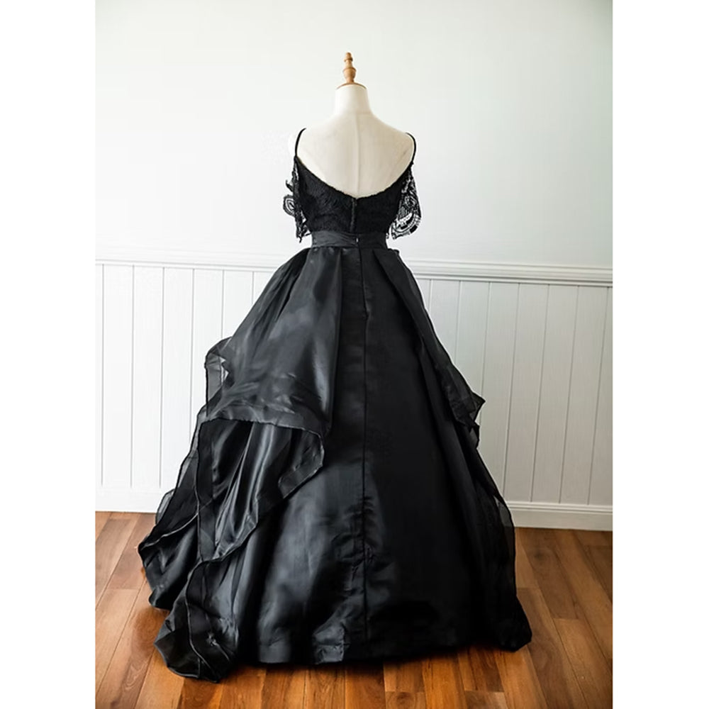 Sexy V Neck Spaghetti Straps Off the Shoulder Lace A Line Gothic Black Wedding Dress