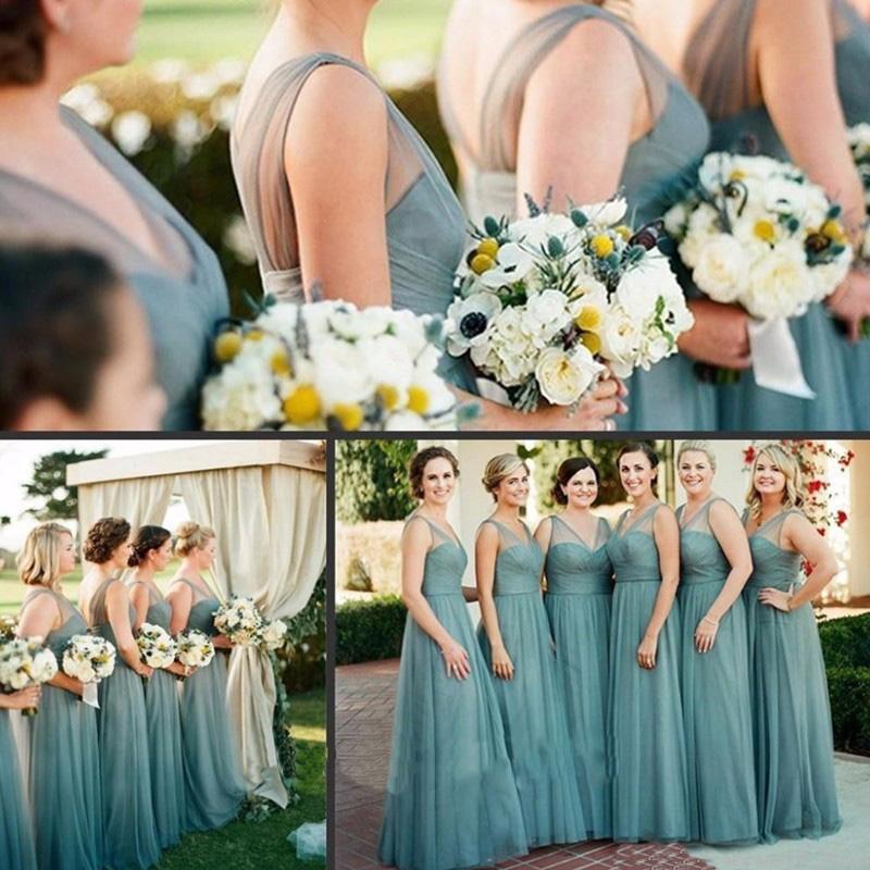 Robe de demoiselle d'honneur bleu poudré en tulle, longueur au sol, sans manches, de Roycebridal