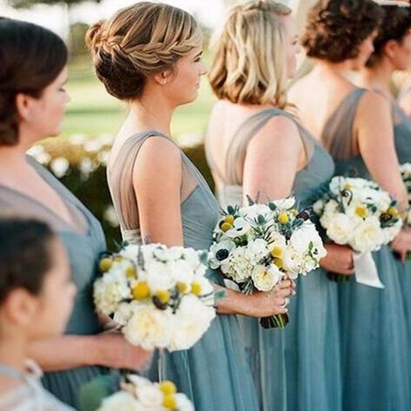 Robe de demoiselle d'honneur bleu poudré en tulle, longueur au sol, sans manches, de Roycebridal