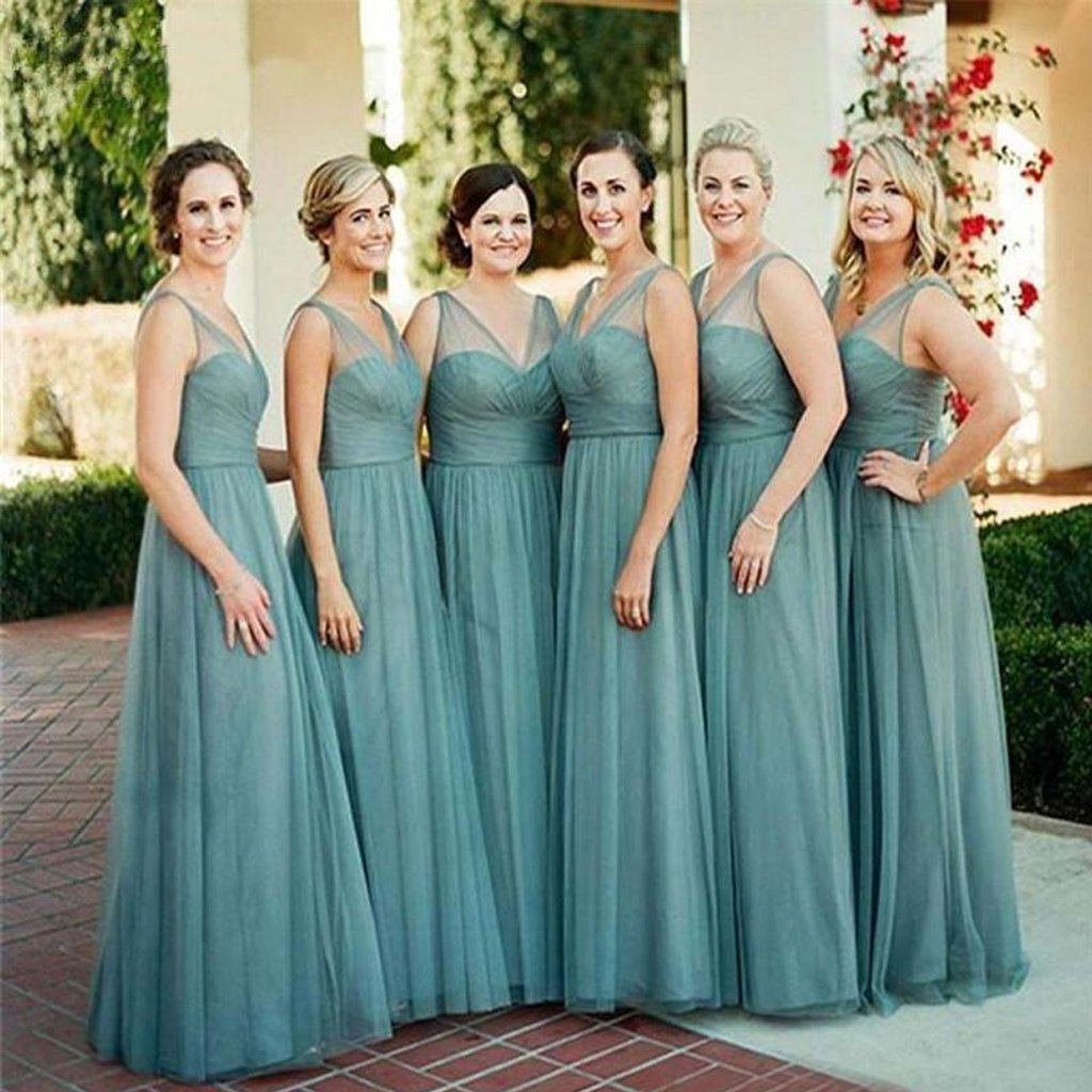 Robe de demoiselle d'honneur bleu poudré en tulle, longueur au sol, sans manches, de Roycebridal