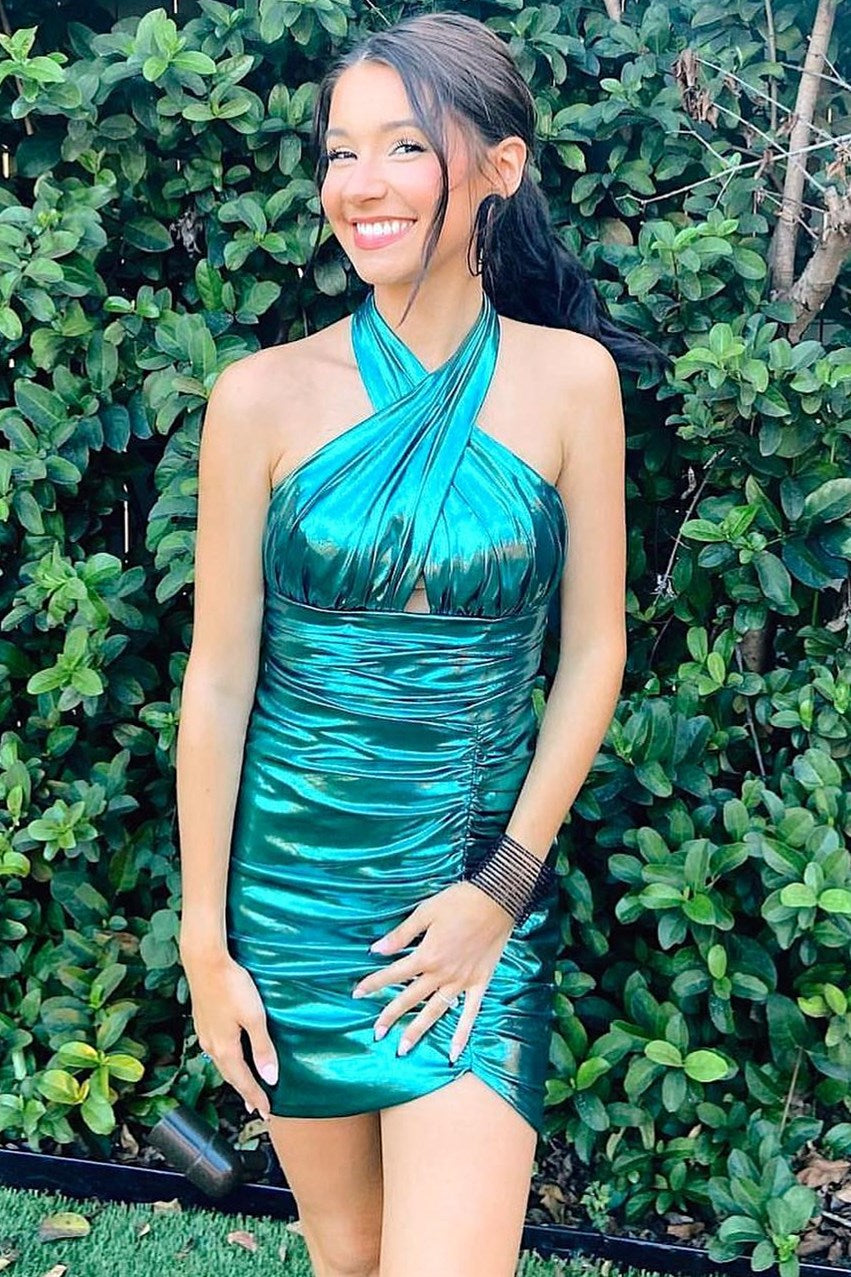 Maxine | Robe de soirée courte froncée rose fluo à dos nu