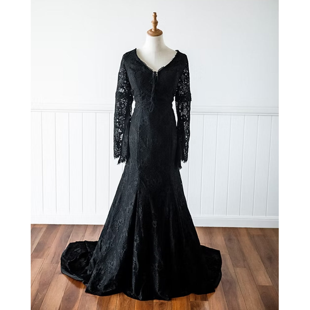 Sexy V Neck Long Flare Sleeve Open Back Full Lace Mermaid Gothic Black Wedding Dress