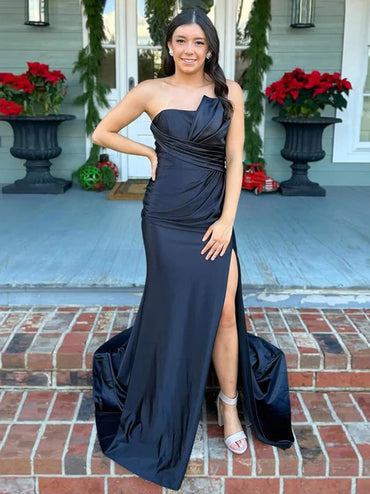 Black Slit Pleats Strapless Long Mermaid Prom Dress