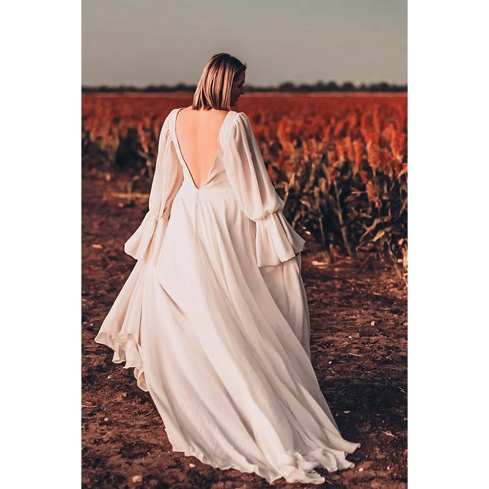 Sexy Split V Neck Flare Sleeve Chiffon A Line Gothic Black Wedding Dress