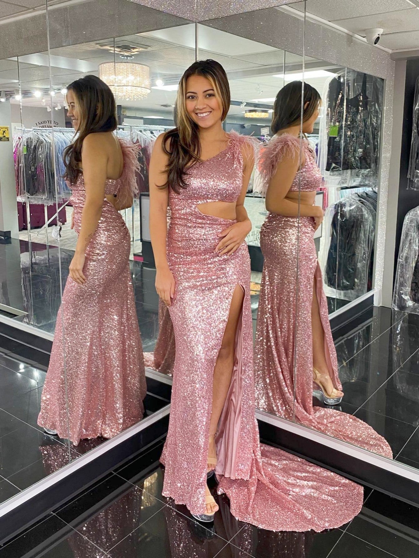 Roycebridal One Shoulder Sparkly Unique Black Mermaid Prom Dress