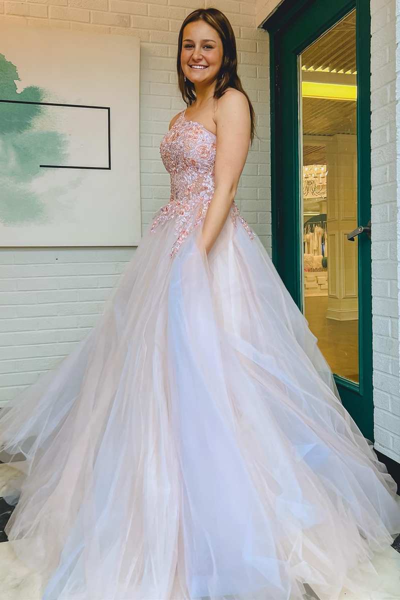 Roycebridal Ombre Tulle Floral Lace One-Shoulder A-Line Long Prom Dress