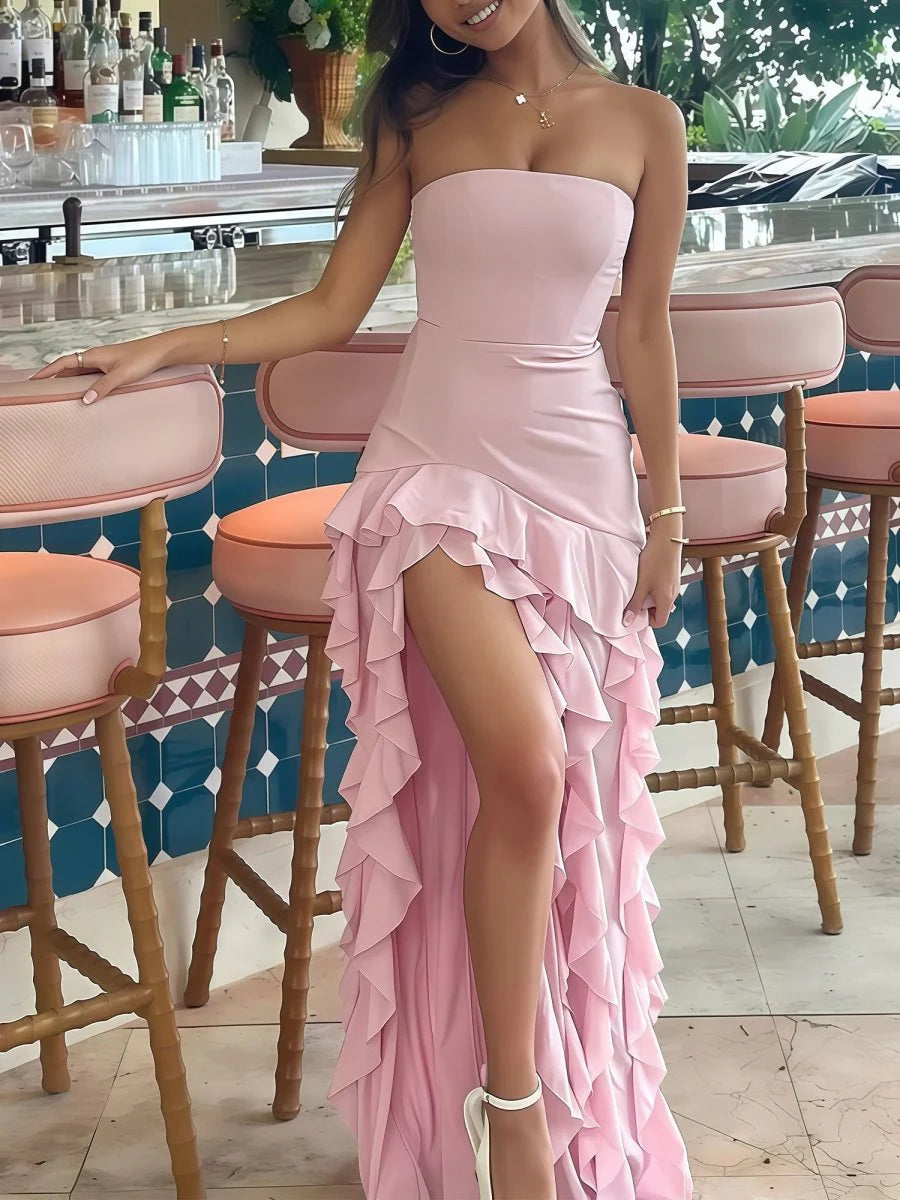 Blaues Neckholder-Abschlussballkleid mit Plissee und Ausschnitten aus Satin in A-Linie