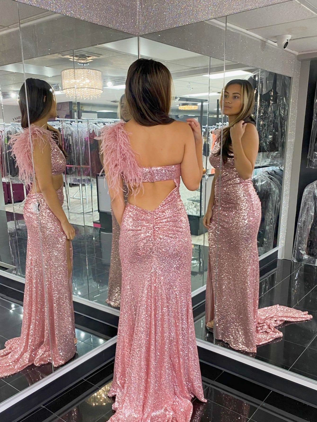 Roycebridal One Shoulder Sparkly Unique Black Mermaid Prom Dress