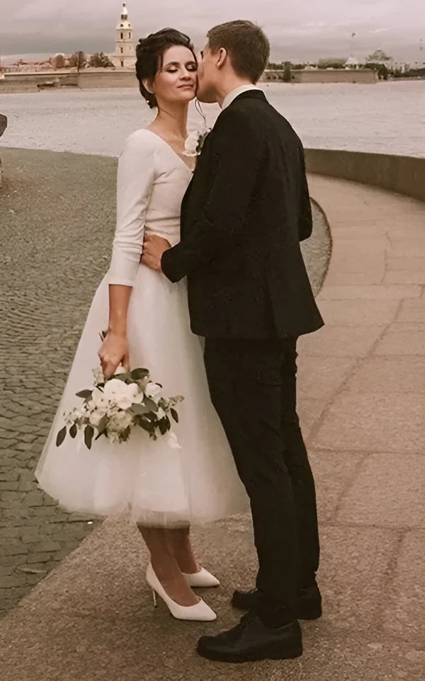 1950s Vintage 3/4 Sleeve V Neck Tea Length A-Line Wedding Dress Custom Made Customized