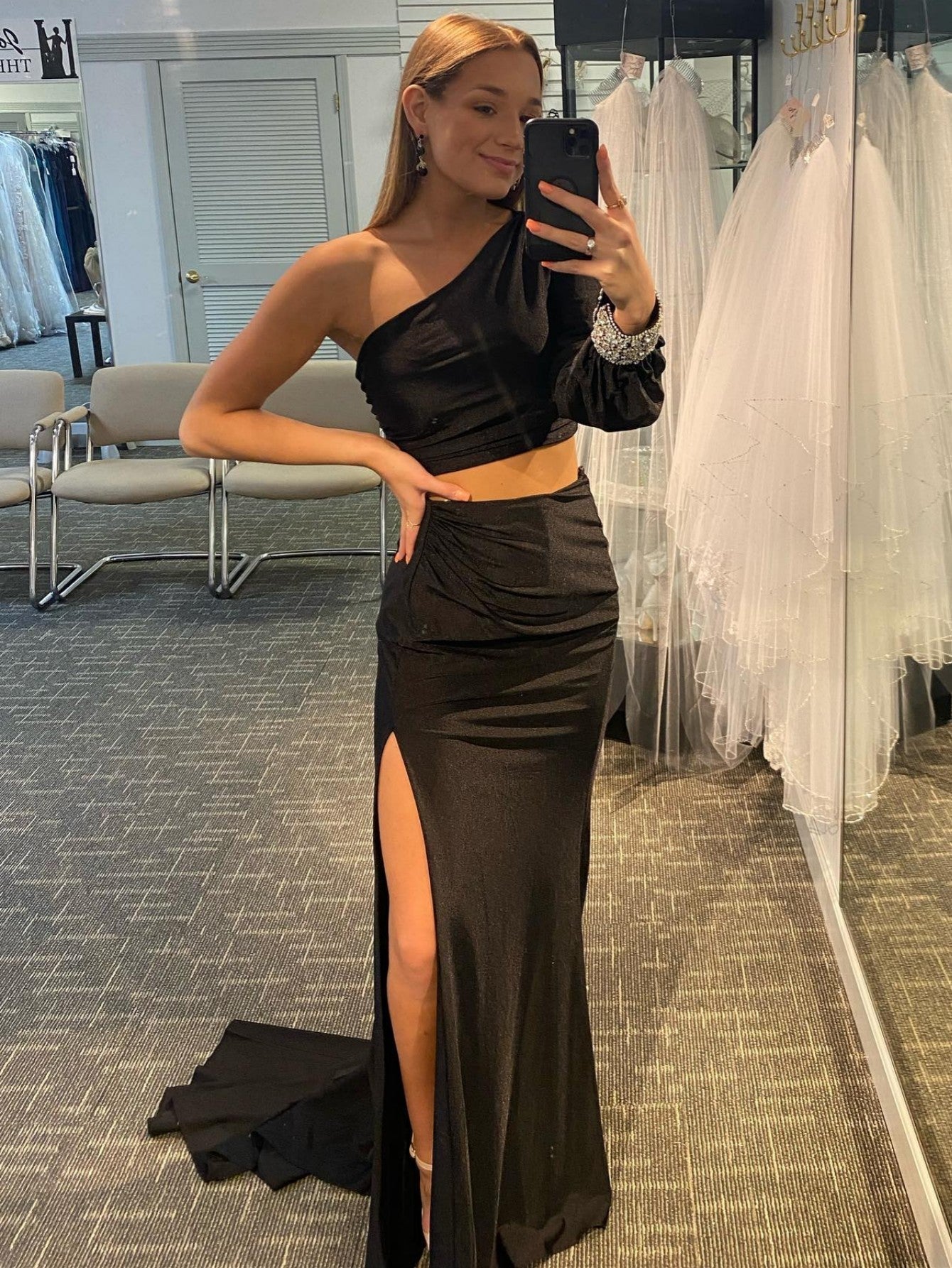 Roycebridal Satin Mermaid One Shoulder Two Pieces Set Black Long Prom Dress