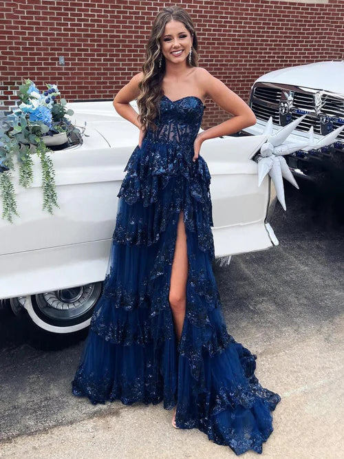 Navy Blue Sweetheart Appliques Ruffle Long A Line Prom Dress