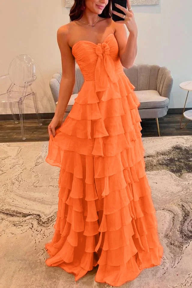 Slit Fuchsia Sweetheart Tiered Ruffles Chiffon A Line Prom Dress