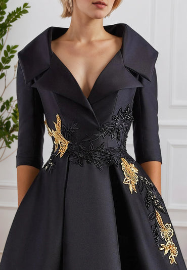 V Neck Pocket Satin with Beading Appliques A Line Formal Evening Dress