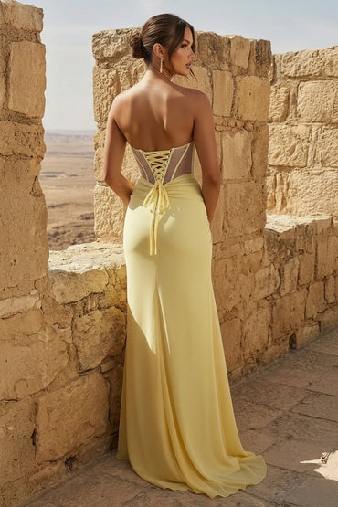 Yellow Slit Strapless Sheath Pleated Long Mermaid Prom Dress