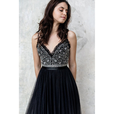 V Neck Spaghetti Straps Beading Top Gothic Black A Line Wedding Dress