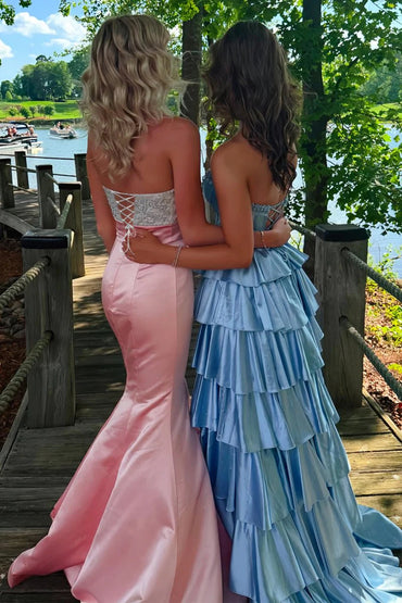 Pink with Beaded Bow Satin Strapless Long Mermaid Prom Dress