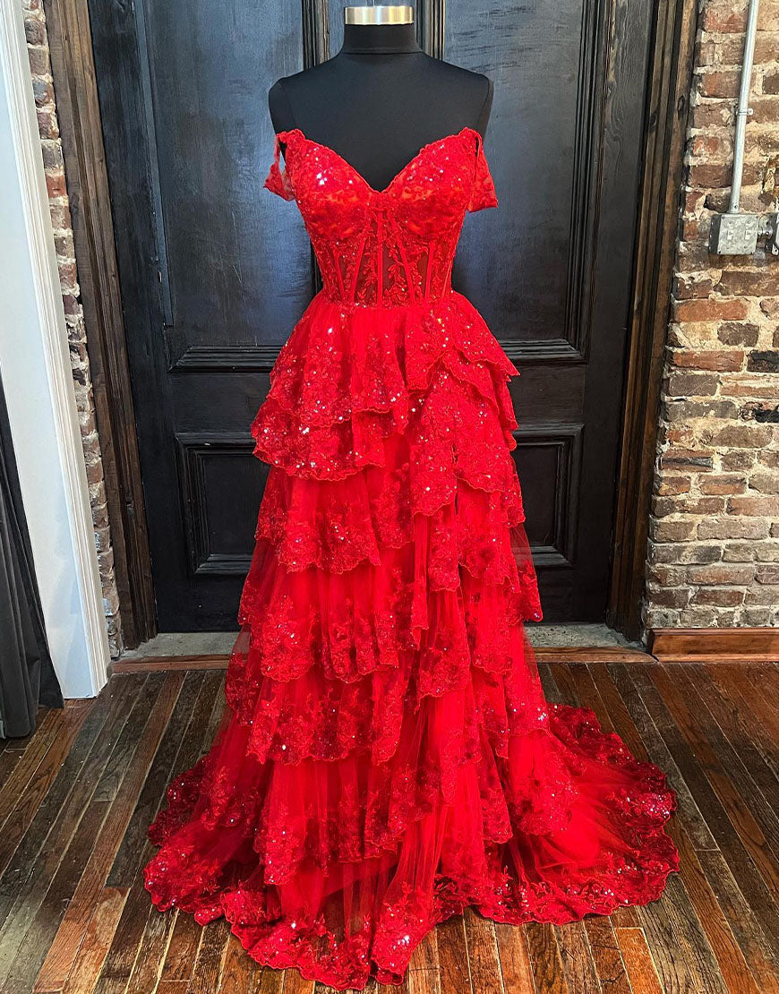 Roycebridal Rotes Prinzessinnen-A-Linien-Ballkleid mit schulterfreiem Korsett und Spitzenrüschen