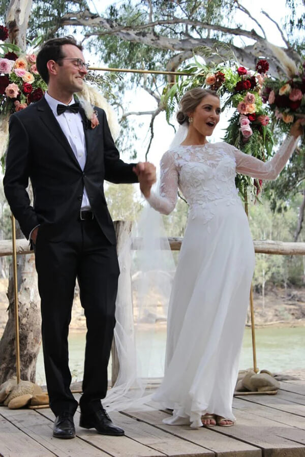 A-line Lace Long Sleeves Round Neck Slit Wedding Dress, Wedding Gowns, MW762 | outdoor wedding dresses | cheap lace wedding dresses | a line wedding dresses | musebridals.com