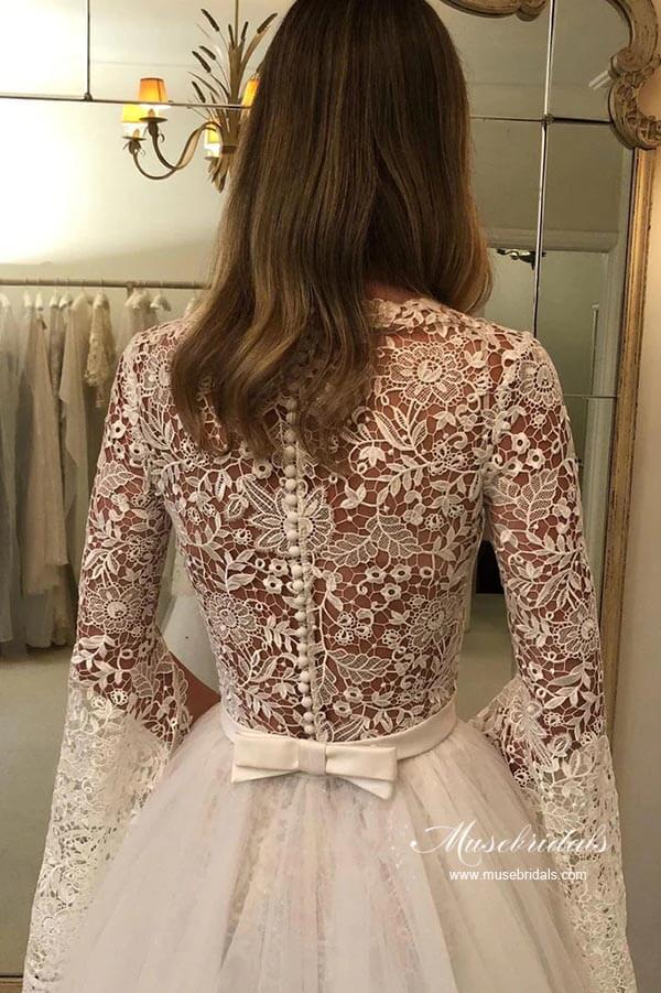 A-line Long Sleeves Floral Lace Wedding Dresses With Detachable Train, MW953 | affordable wedding dress | bridal style | outdoor wedding dress | musebridals.com