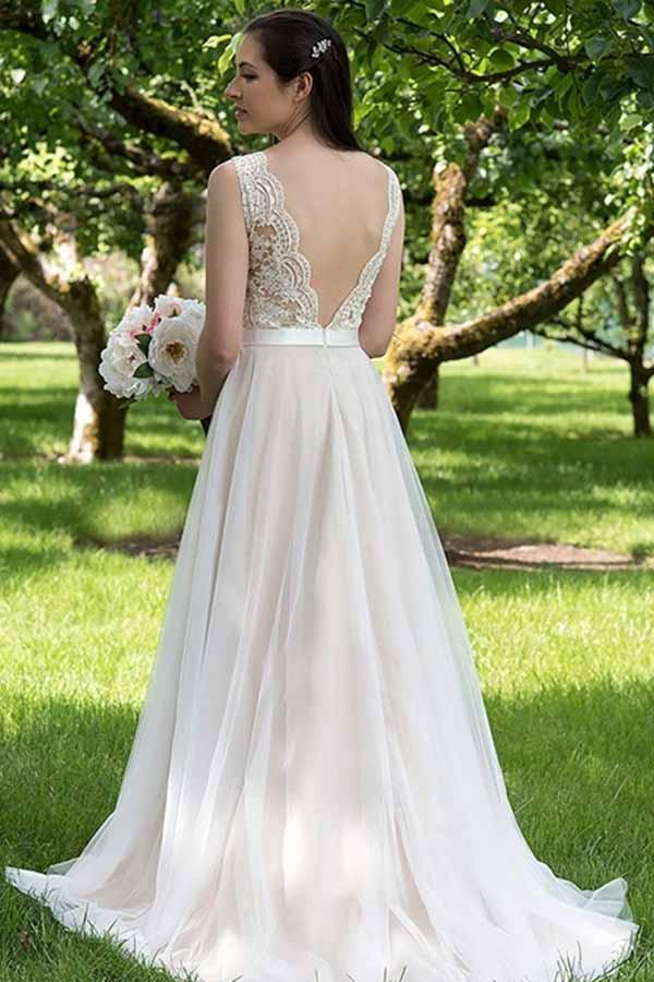 A-line V-neck Lace Top Tulle Skirt Beach Wedding Dresses, Wedding Gown, MW743 | country wedding dresses | outdoor wedding dresses | wedding dresses online | www.musebridals.com