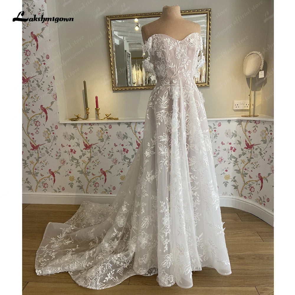 Roycebridal Off Shoulder A Line Wedding Dresses For Women Lace Floral Bridal Gown Backless Summer Boho Robe De Mariee