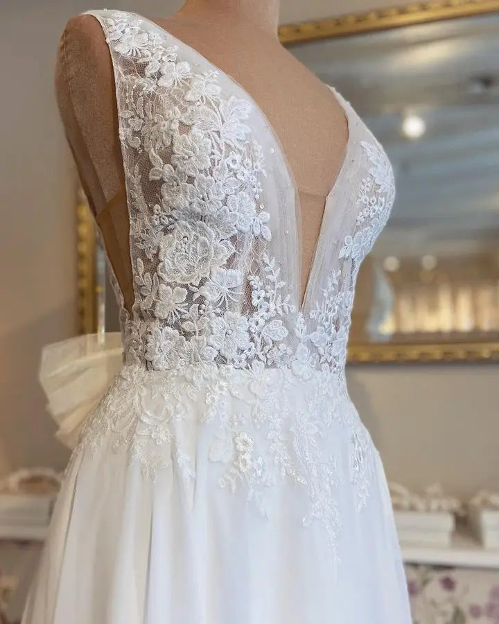 Roycebridal Lace Appliques Boho Chiffon Wedding Dress Deep V-neck A Line Sexy Women Civil Bridal Wedding Gowns